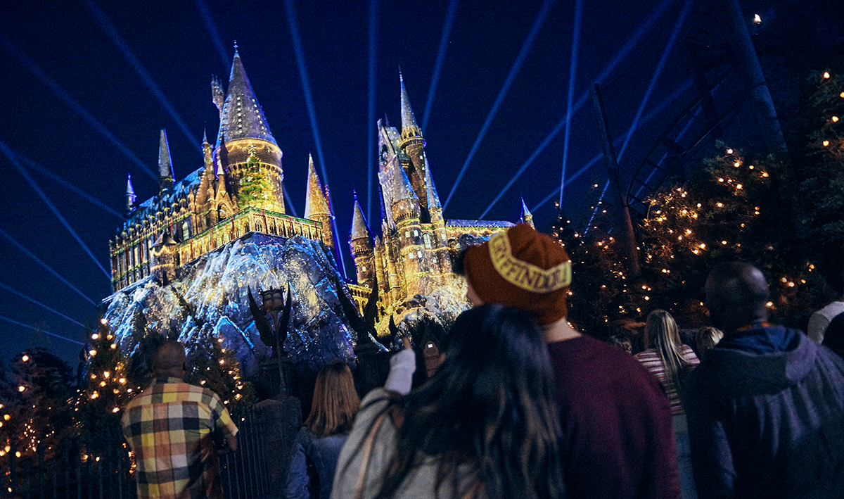 Guests gather for “The Magic of Christmas at Hogwarts Castle" at Universal Studios Florida.